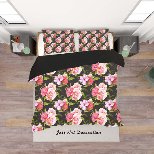 3D Black Pink Flowers Quilt Cover Set Bedding Set Duvet Cover Pillowcases SF07