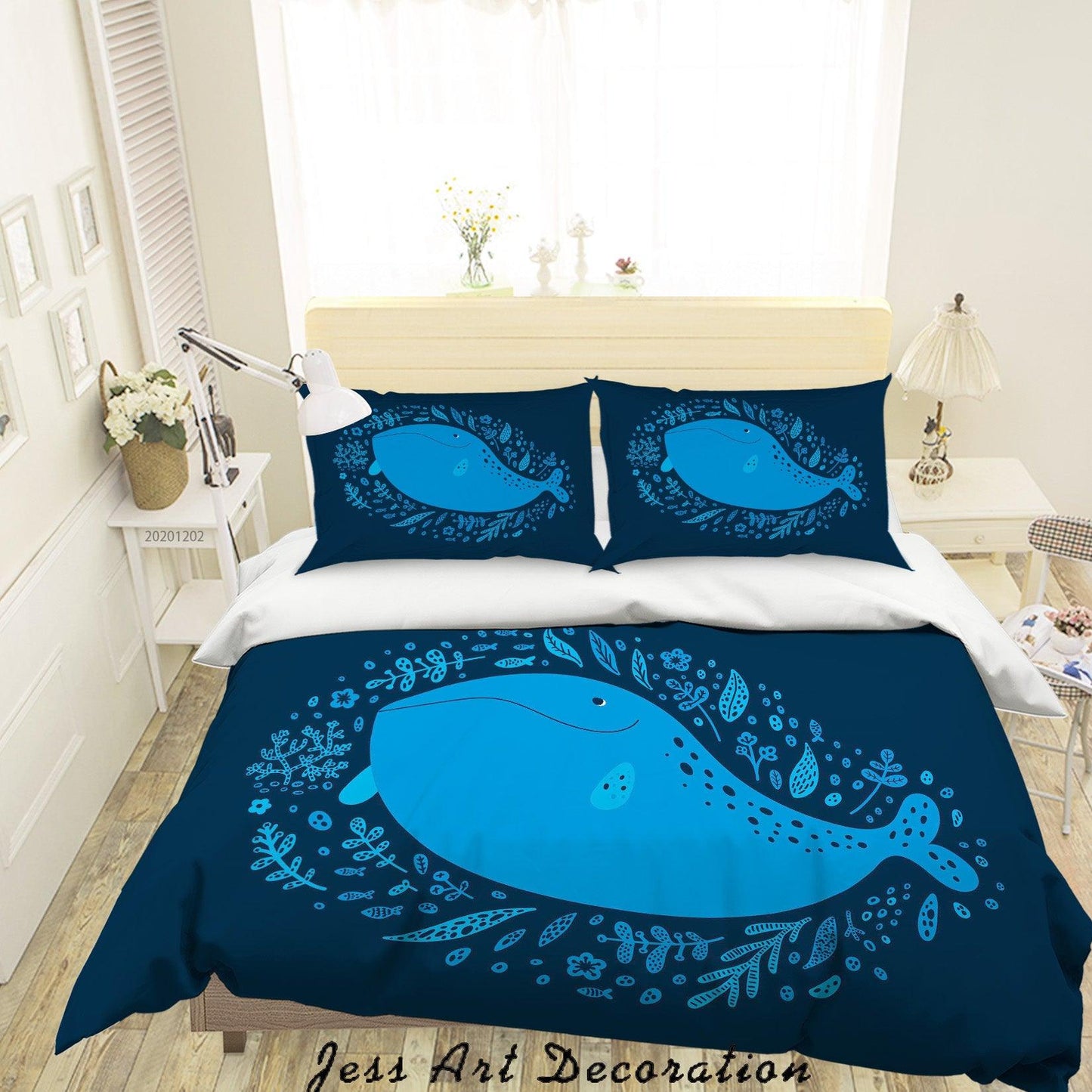3D Cartoon Hand Drawn Blue Whale Star Plant Pattern Quilt Cover Set Bedding Set Duvet Cover Pillowcases LXL