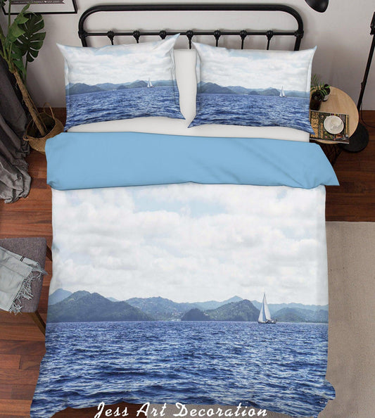 3D  Blue Sea Sailboat Seaside Mountain Quilt Cover Set Bedding Set Pillowcases 70