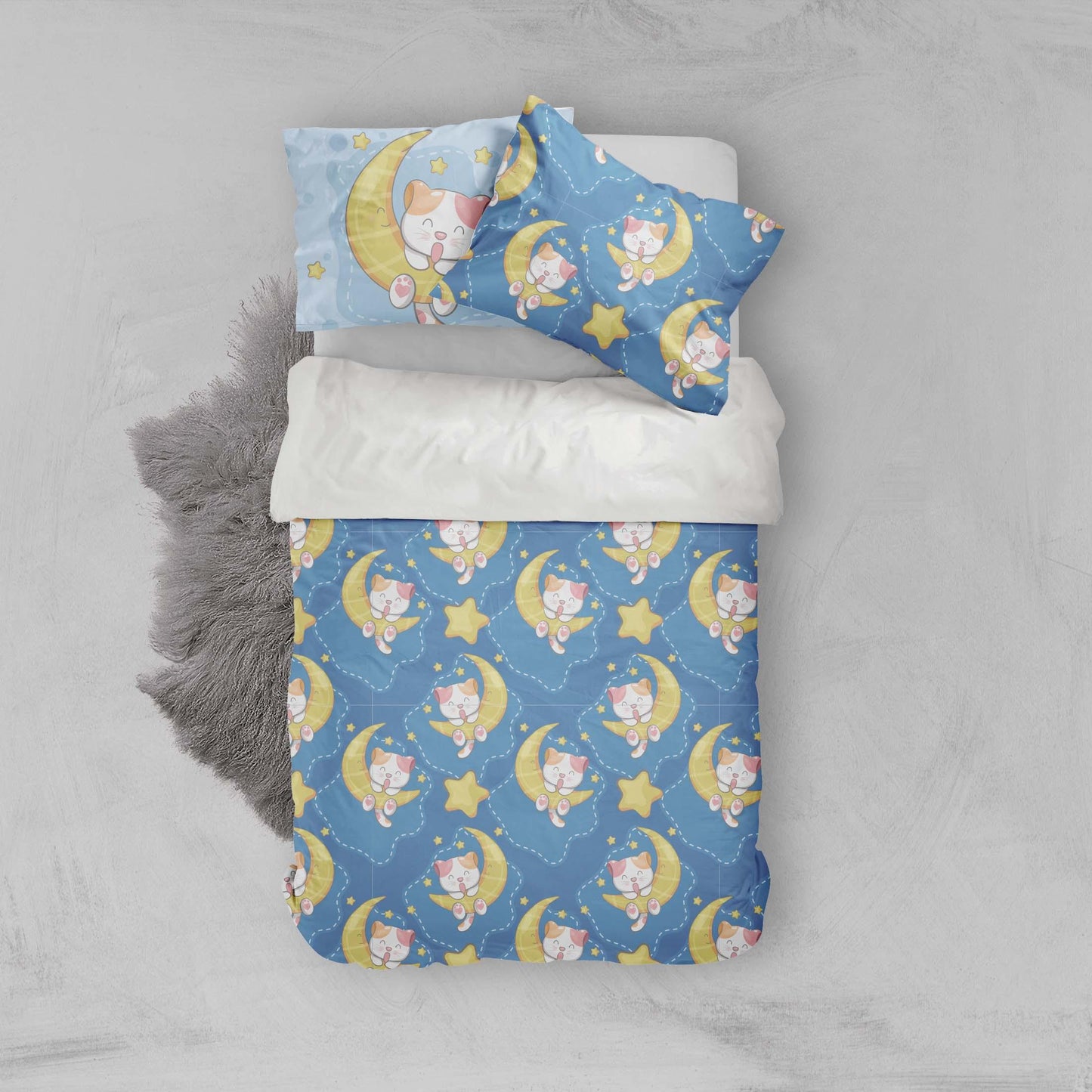 3D Blue Moon Star Cat Kitty Quilt Cover Set Bedding Set Pillowcases 75