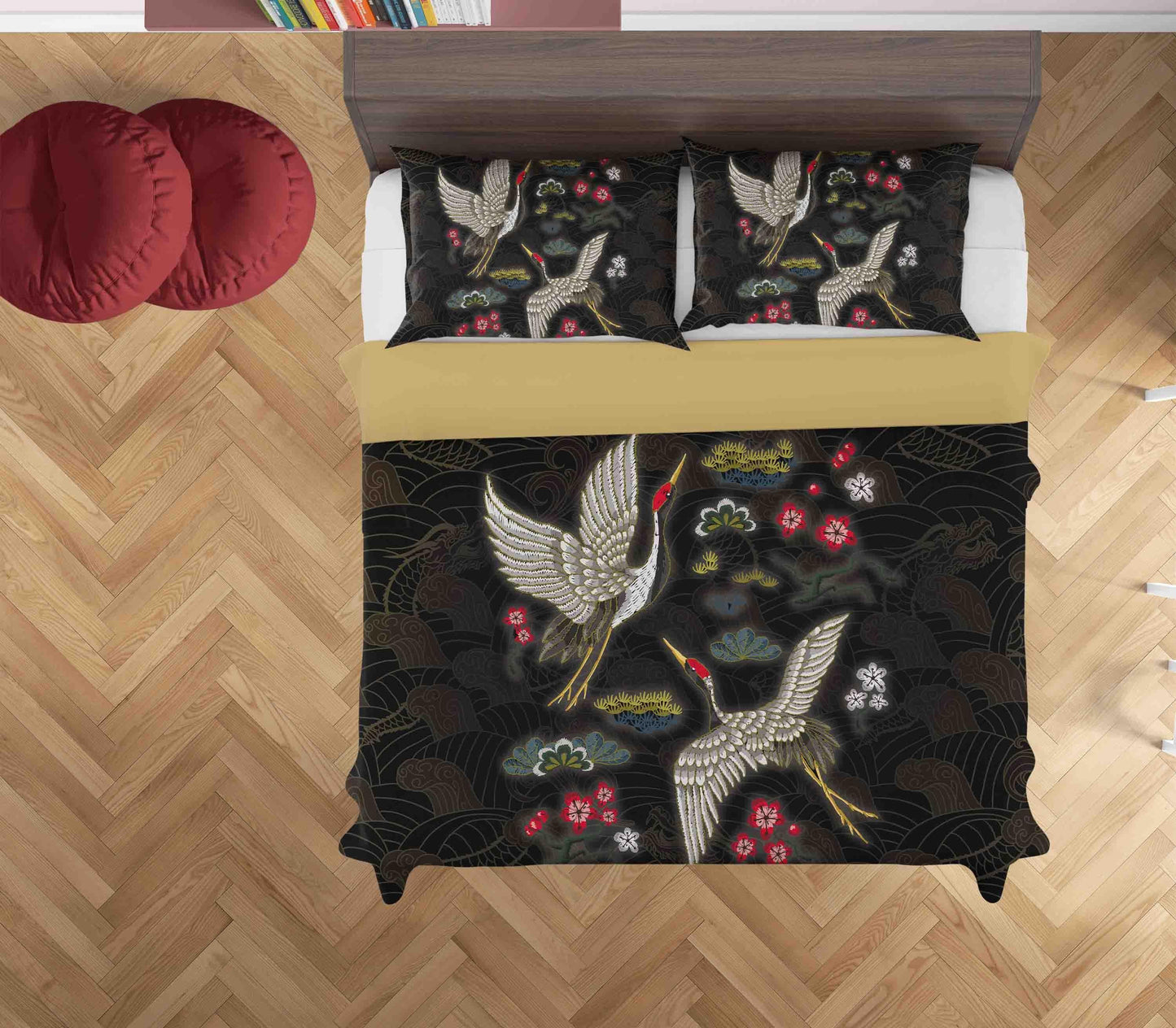 3D Black Crane Floral Quilt Cover Set Bedding Set Duvet Cover Pillowcases SF004