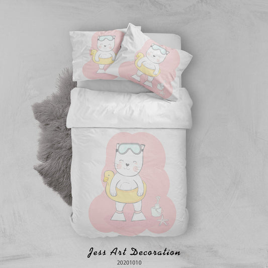 3D Cartoon Cute Animal Cat Swimming Quilt Cover Set Bedding Set Duvet Cover Pillowcases WJ 9513