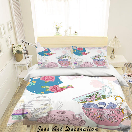 3D Abstract Hand Draw Cartoon Teapot Teacup Pattern Quilt Cover Set Bedding Set Duvet Cover Pillowcases WJ 3584
