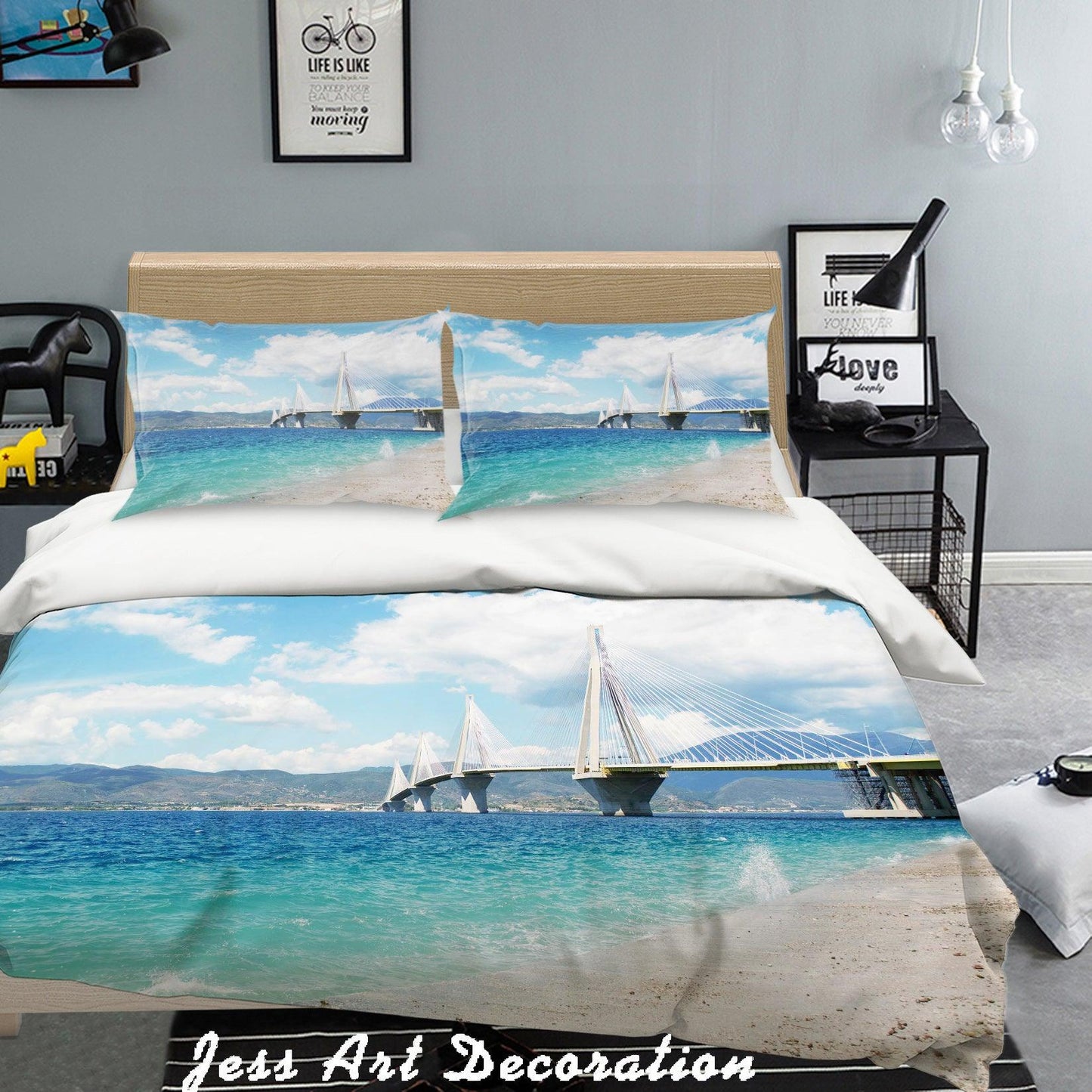 3D  Blue Seaside Trestle Scenery Quilt Cover Set Bedding Set Pillowcases 72
