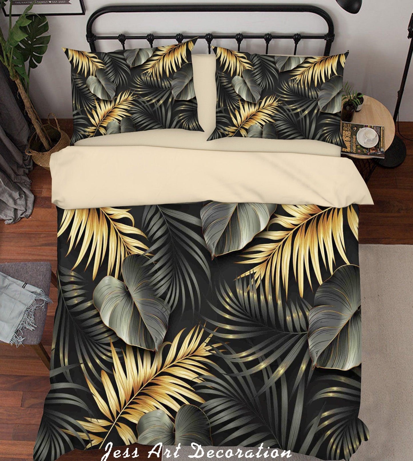 3D Black Golden Leaves Quilt Cover Set Bedding Set Duvet Cover Pillowcases SF69