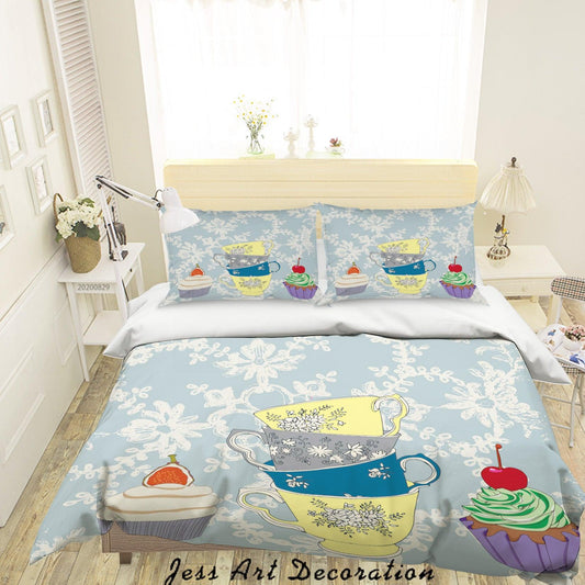 3D Abstract Hand Draw Cartoon Teacup Pattern Quilt Cover Set Bedding Set Duvet Cover Pillowcases WJ 3578
