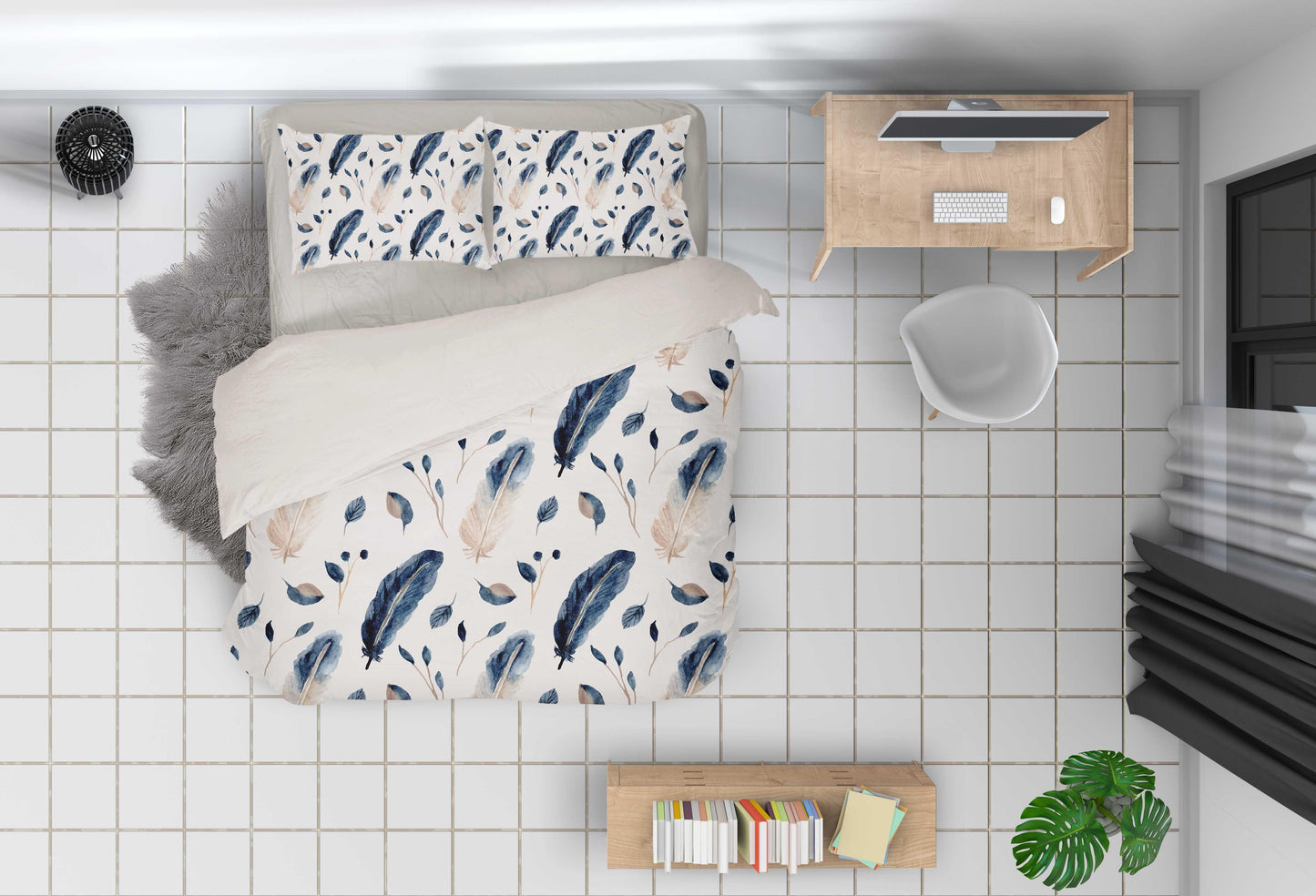 3D Blue fFeather Pattern Quilt Cover Set Bedding Set Pillowcases 68