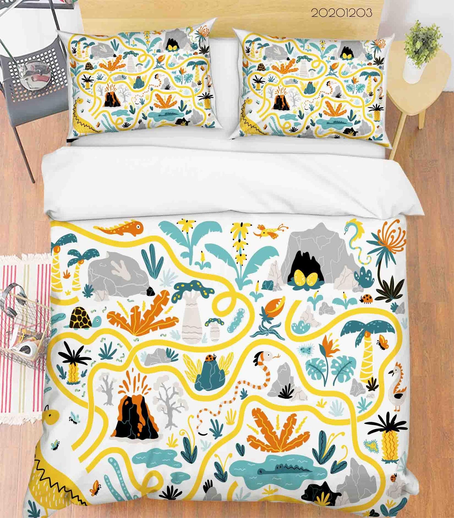 3D Cartoon Hand Drawn Colorful Dinosaur Plant Illustration Animal Quilt Cover Set Bedding Set Duvet Cover Pillowcases LXL