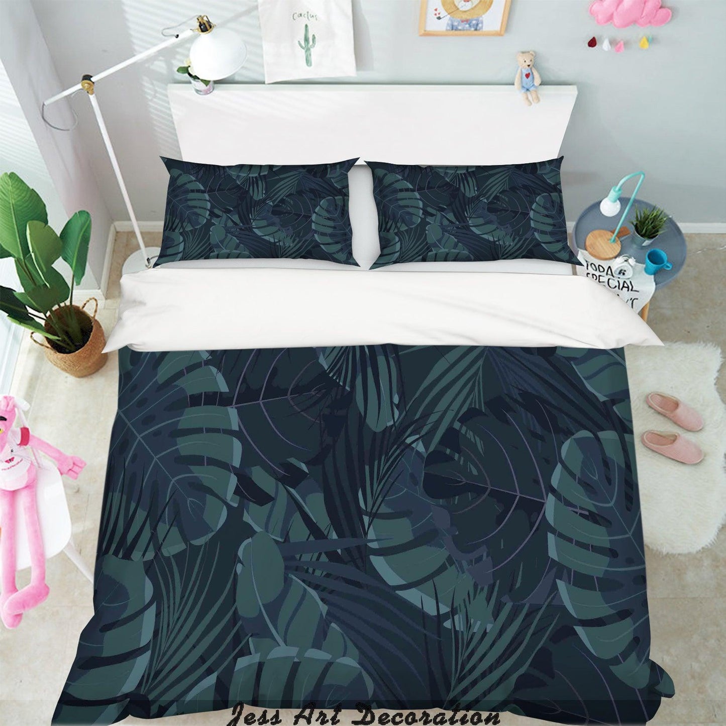 3D Black Background Leaf Pattern Quilt Cover Set Bedding Set Pillowcases  7