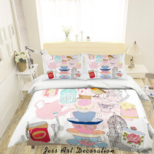 3D Abstract Hand Draw Cartoon Teacup Teapot Dessert Pattern Quilt Cover Set Bedding Set Duvet Cover Pillowcases WJ 3571