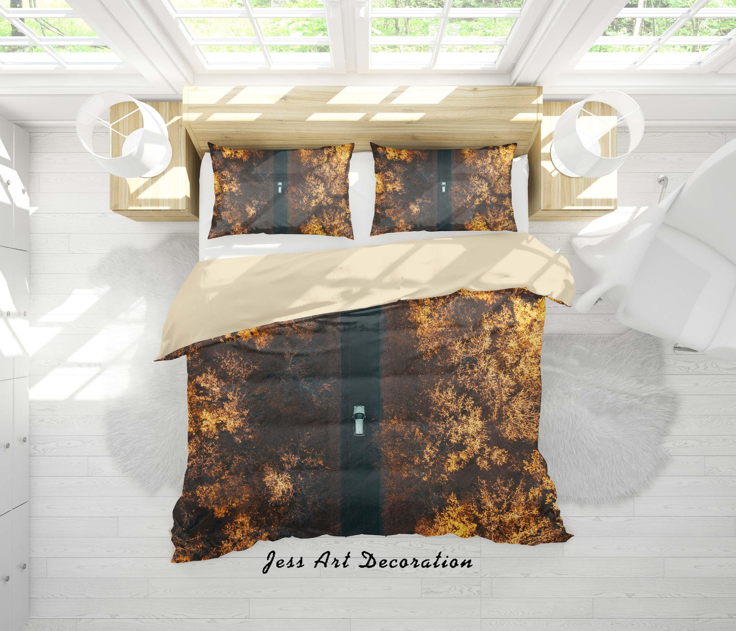 3D Autumn Woods Road Car Quilt Cover Set Bedding Set Duvet Cover Pillowcases A128 LQH
