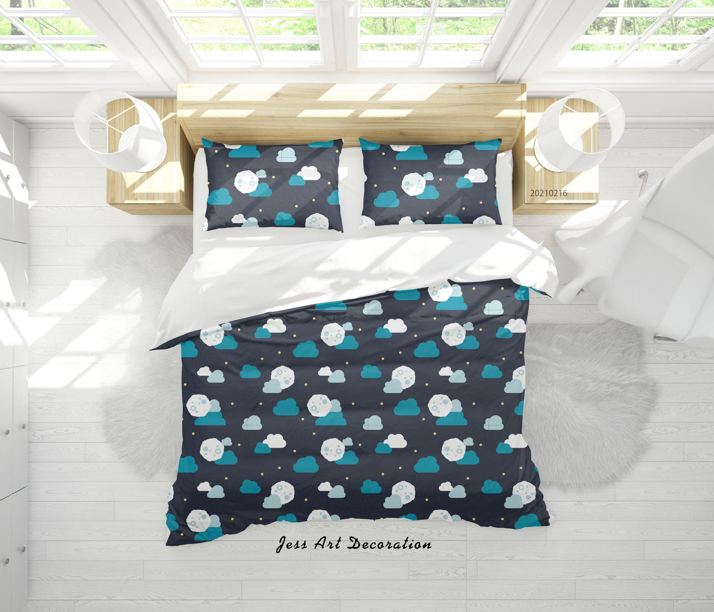 3D Cartoon Blue Moon Cloud Quilt Cover Set Bedding Set Duvet Cover Pillowcases 285