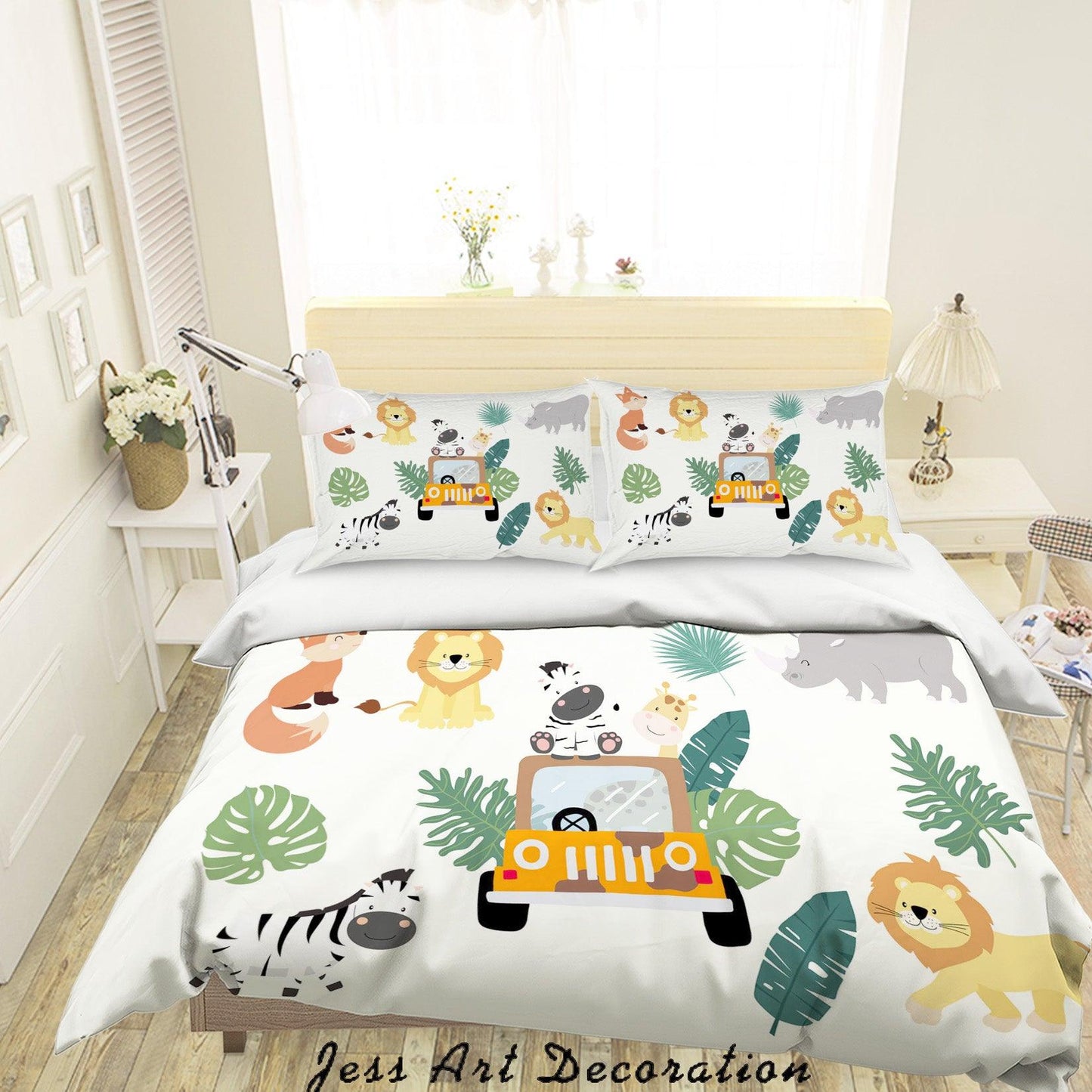 3D Cartoon Animal Lion Fox Zebra Rhinoceros Car Leaves Quilt Cover Set Bedding Set Duvet Cover Pillowcases SF18