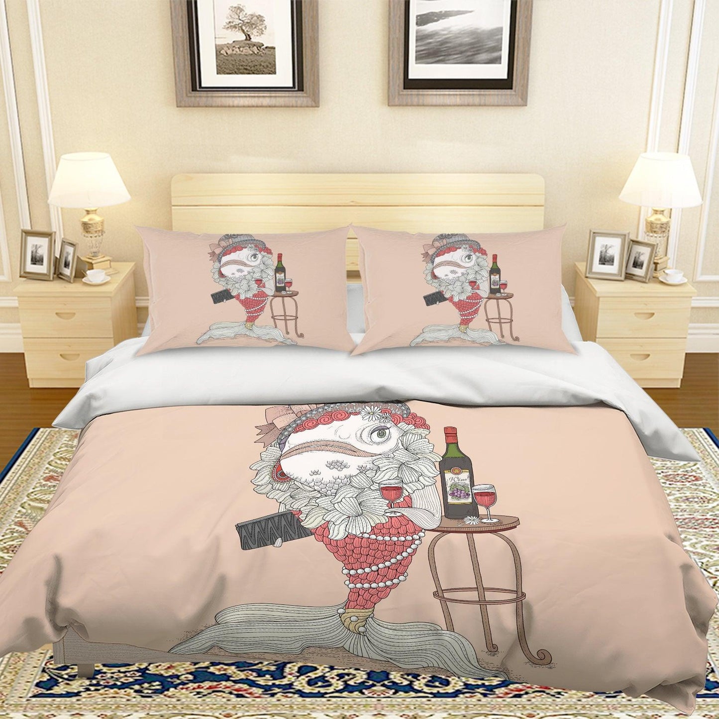3D Cartoon Goldfish Red Wine Quilt Cover Set Bedding Set Pillowcases 80