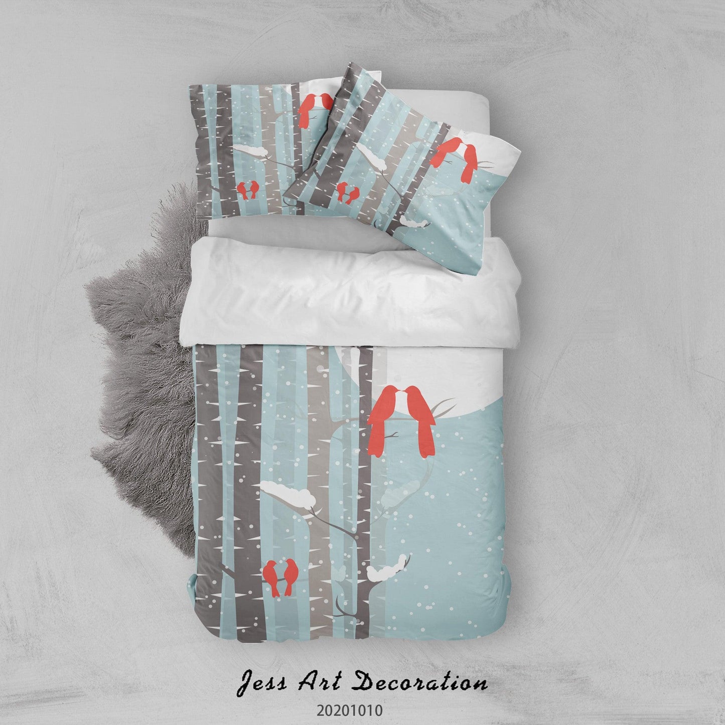 3D Cartoon Animal Winter Birds Couple Quilt Cover Set Bedding Set Duvet Cover Pillowcases WJ 9585
