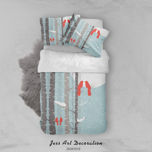 3D Cartoon Animal Winter Birds Couple Quilt Cover Set Bedding Set Duvet Cover Pillowcases WJ 9585