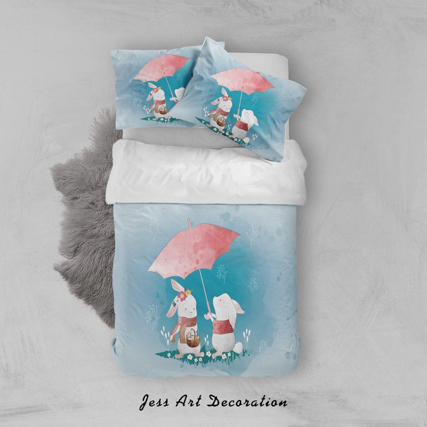 3D Blue Rabbit Umbrella Quilt Cover Set Bedding Set Duvet Cover Pillowcases SF60