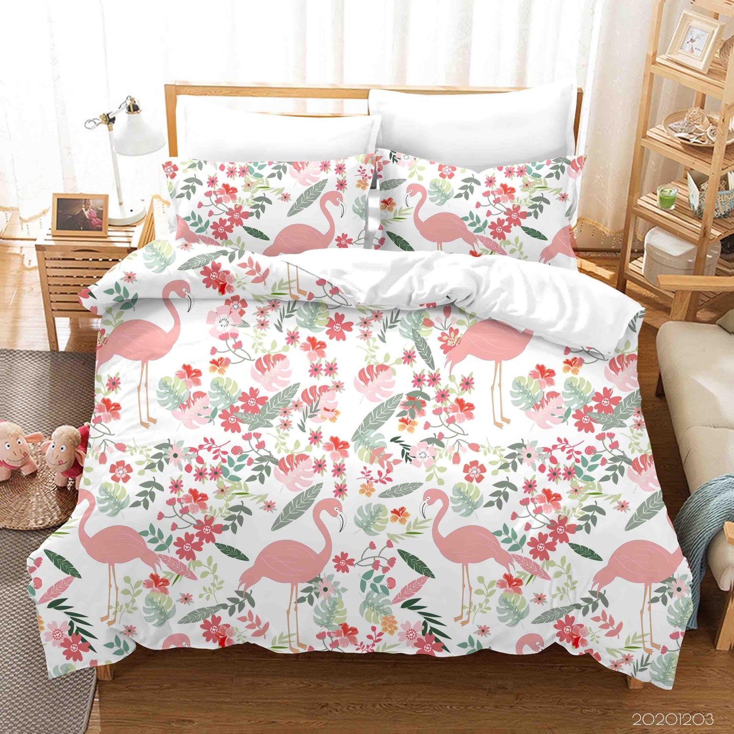 3D Cartoon Hand Drawn Pink Flamingo Animal Floral Leaves Plant Quilt Cover Set Bedding Set Duvet Cover Pillowcases LXL