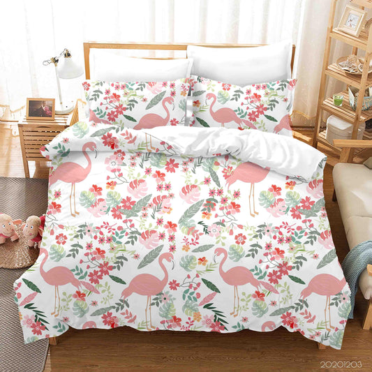 3D Cartoon Hand Drawn Pink Flamingo Animal Floral Leaves Plant Quilt Cover Set Bedding Set Duvet Cover Pillowcases LXL