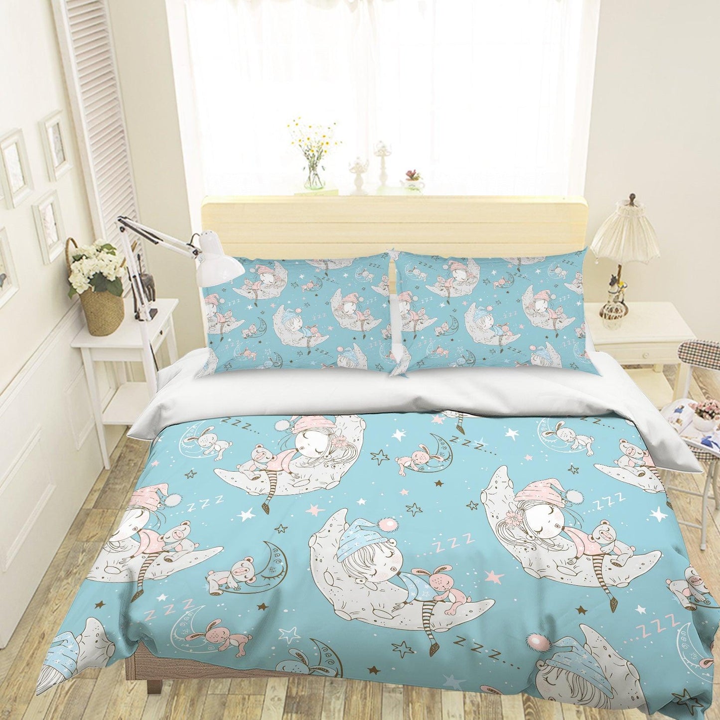3D Cartoon Girl Moon Quilt Cover Set Bedding Set Pillowcases 96