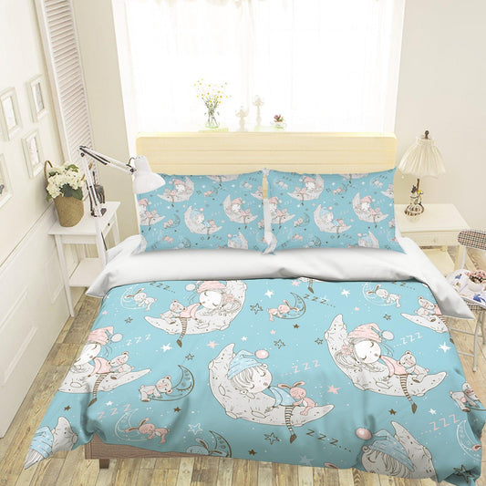 3D Cartoon Girl Moon Quilt Cover Set Bedding Set Pillowcases 96