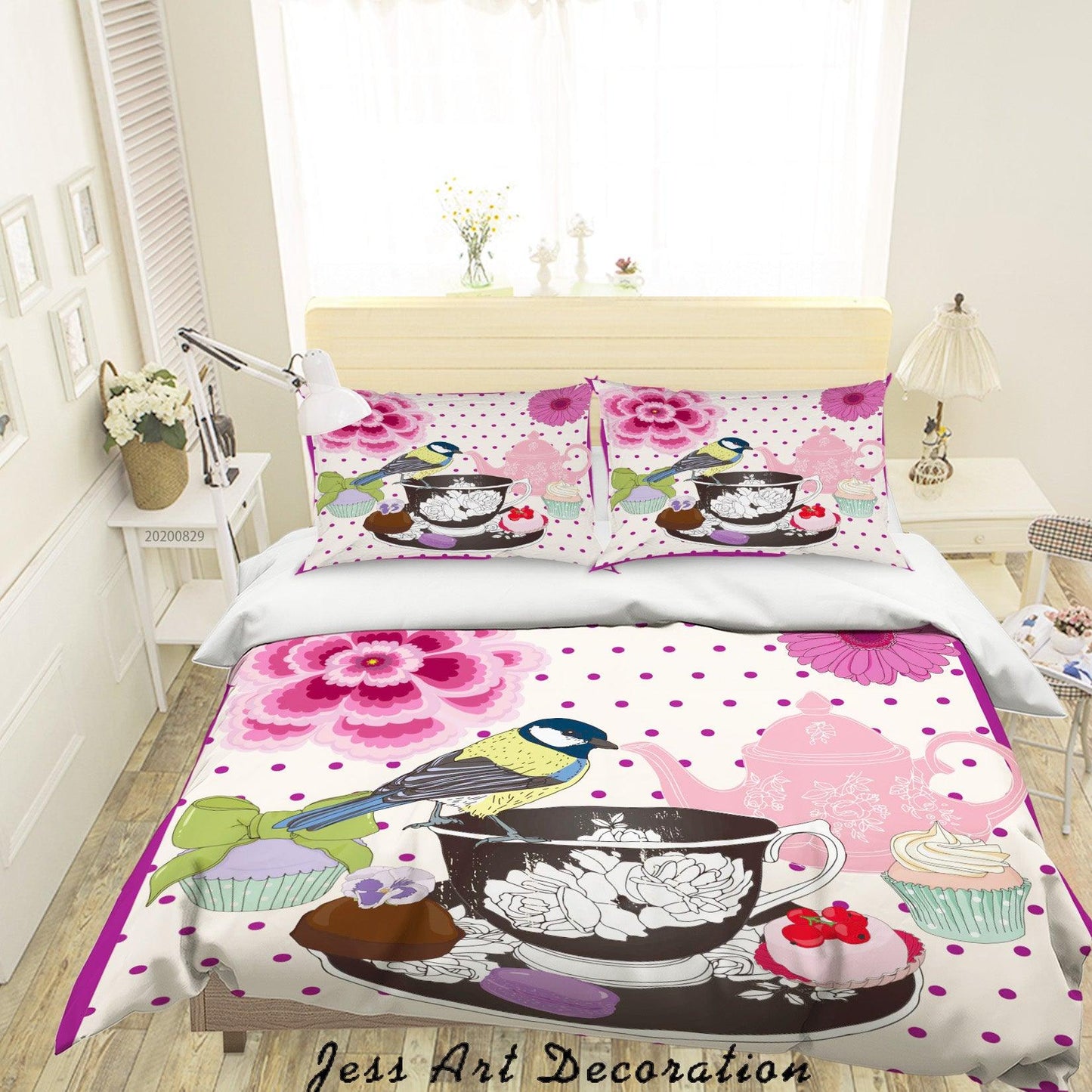 3D Abstract Hand Draw Cartoon Teacup Butterfly Bird Pattern Quilt Cover Set Bedding Set Duvet Cover Pillowcases WJ 3587