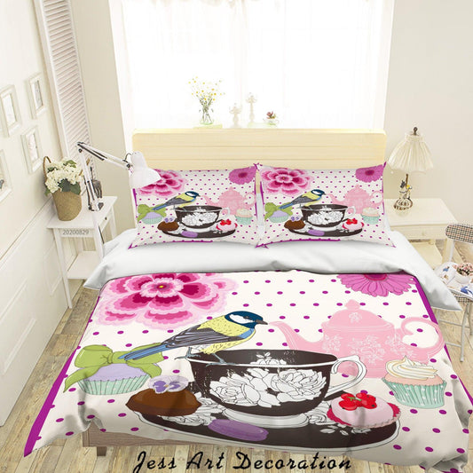 3D Abstract Hand Draw Cartoon Teacup Butterfly Bird Pattern Quilt Cover Set Bedding Set Duvet Cover Pillowcases WJ 3587