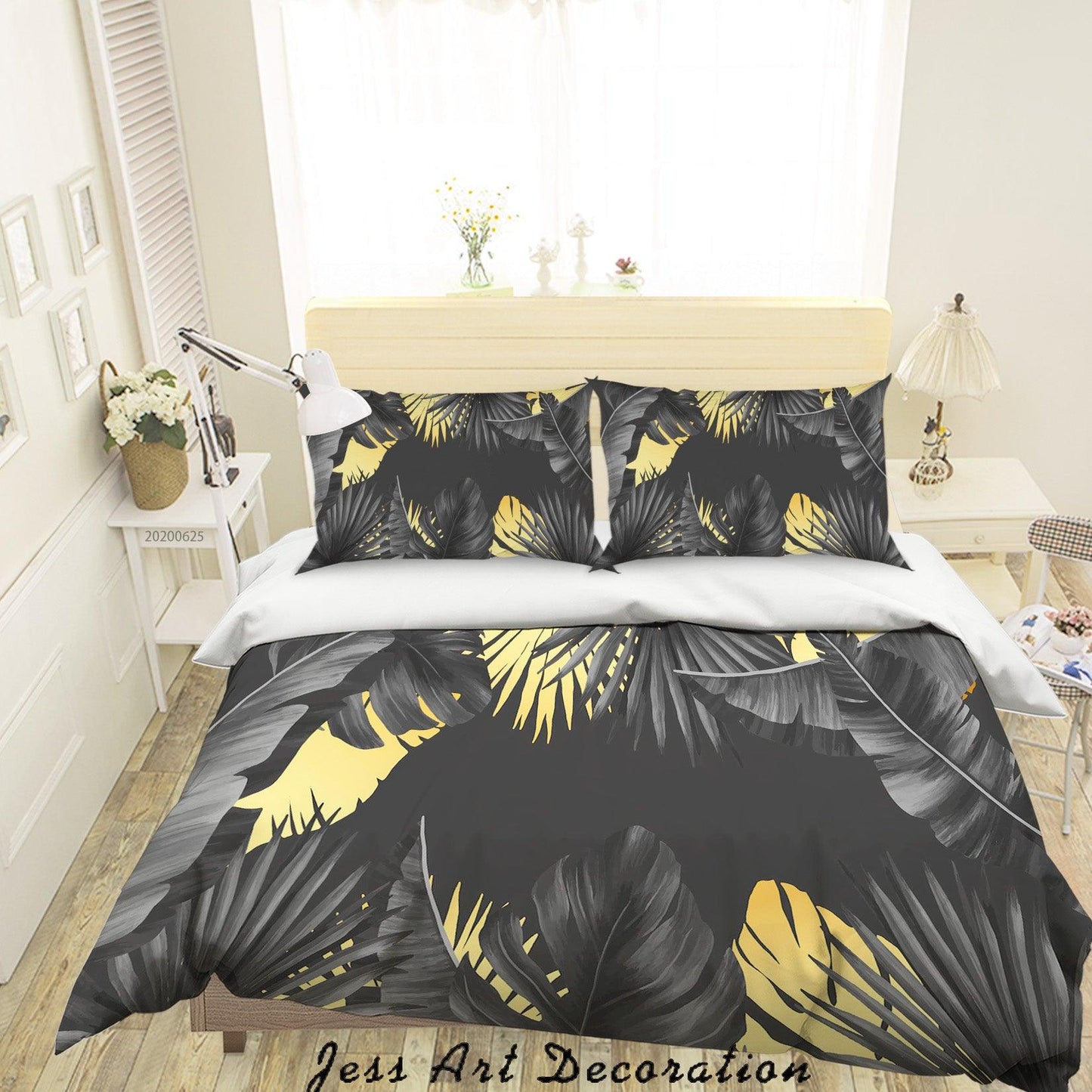 3D Black Golden Leaves Quilt Cover Set Bedding Set Duvet Cover Pillowcases SF44