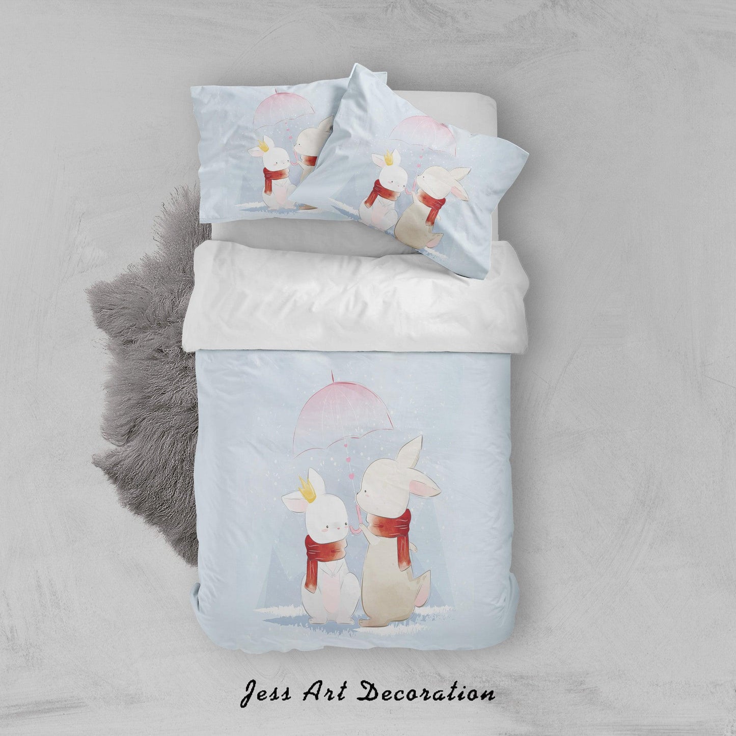 3D Blue Rabbit Umbrella Quilt Cover Set Bedding Set Duvet Cover Pillowcases SF87