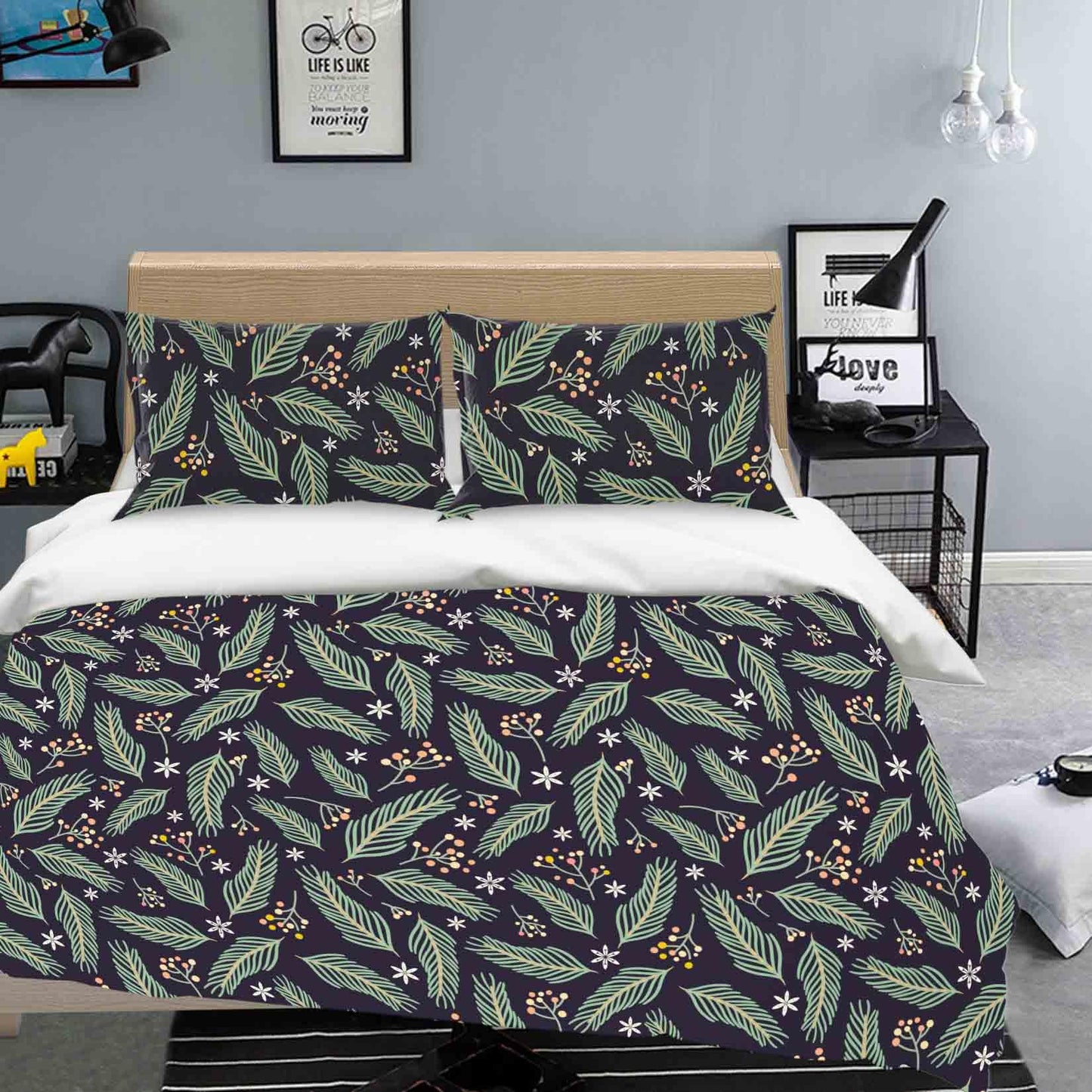 3D Black Green Floral Leaves Quilt Cover Set Bedding Set Pillowcases 22