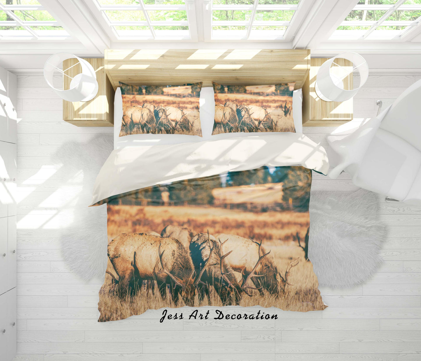 3D Autumn Grassland Reindeer Quilt Cover Set Bedding Set Pillowcases 87