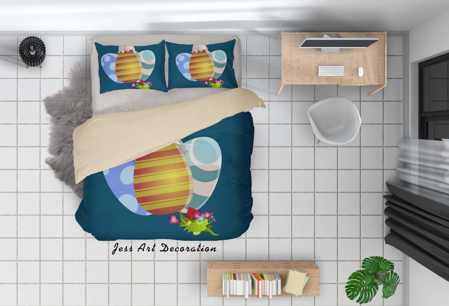 3D Blue Rabbit Eggs Floral Quilt Cover Set Bedding Set Duvet Cover Pillowcases SF17