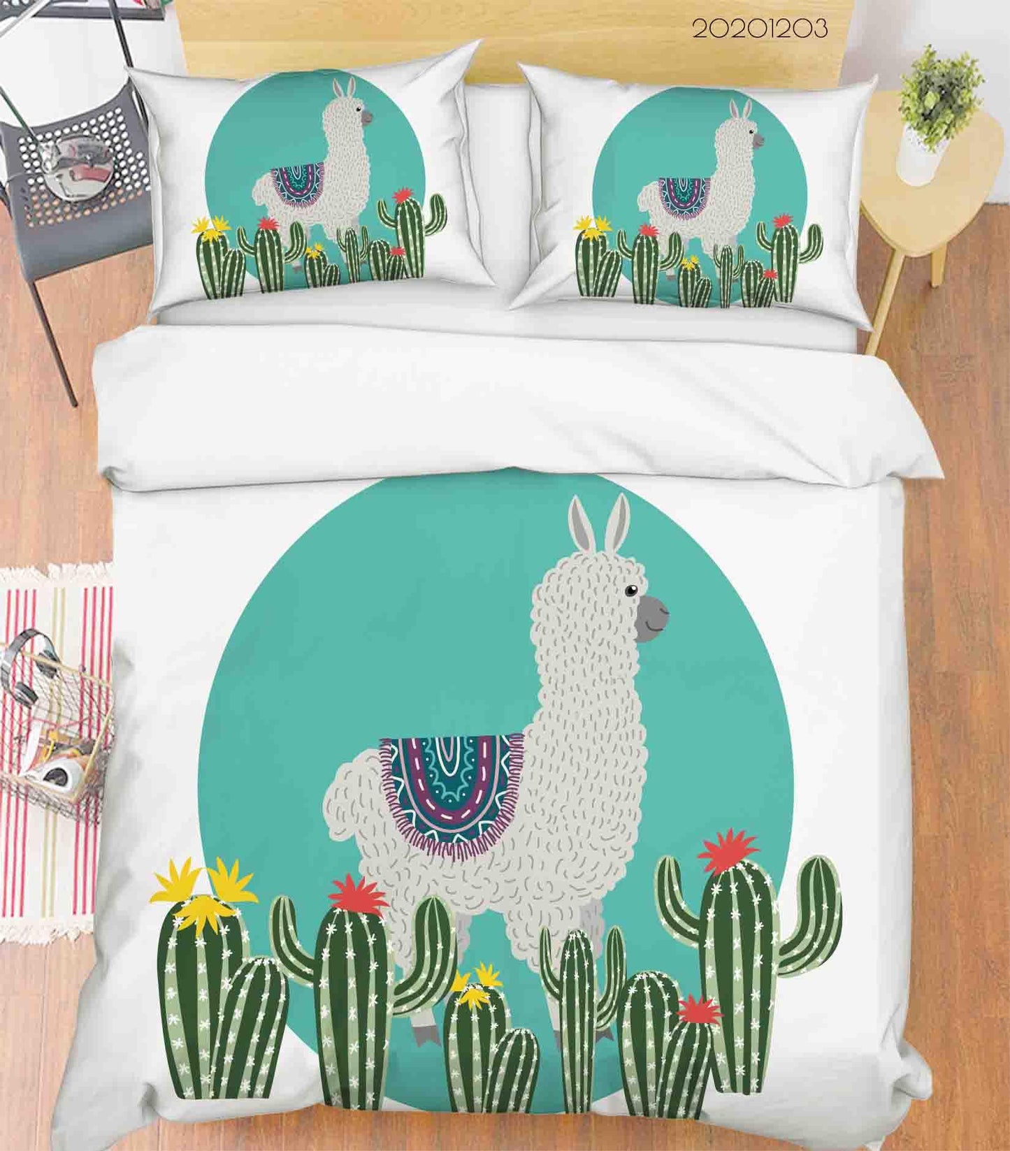 3D Cartoon Hand Drawn Alpaca Animal Green Plant Cactus Quilt Cover Set Bedding Set Duvet Cover Pillowcases LXL