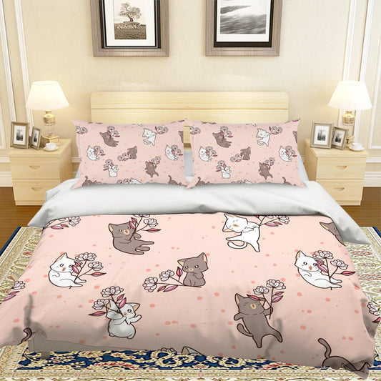 3D Cartoon Cat Pink Quilt Cover Set Bedding Set Pillowcases 66
