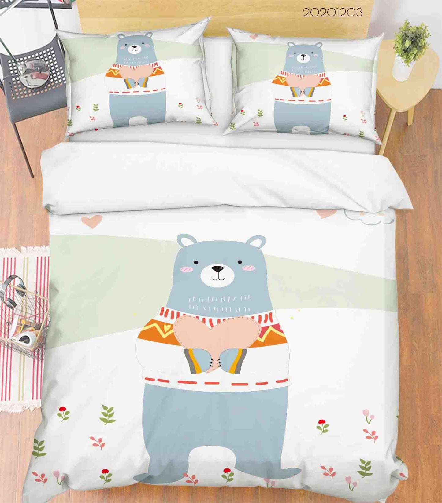 3D Cartoon Hand Drawn Blue Bear Animal Floral Plant Quilt Cover Set Bedding Set Duvet Cover Pillowcases LXL