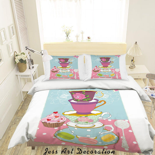 3D Abstract Hand Draw Cartoon Teacup Dessert Pattern Quilt Cover Set Bedding Set Duvet Cover Pillowcases WJ 3565