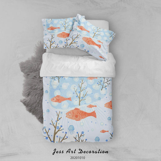3D Cartoon Cute Fishes Leaves Quilt Cover Set Bedding Set Duvet Cover Pillowcases WJ 9574