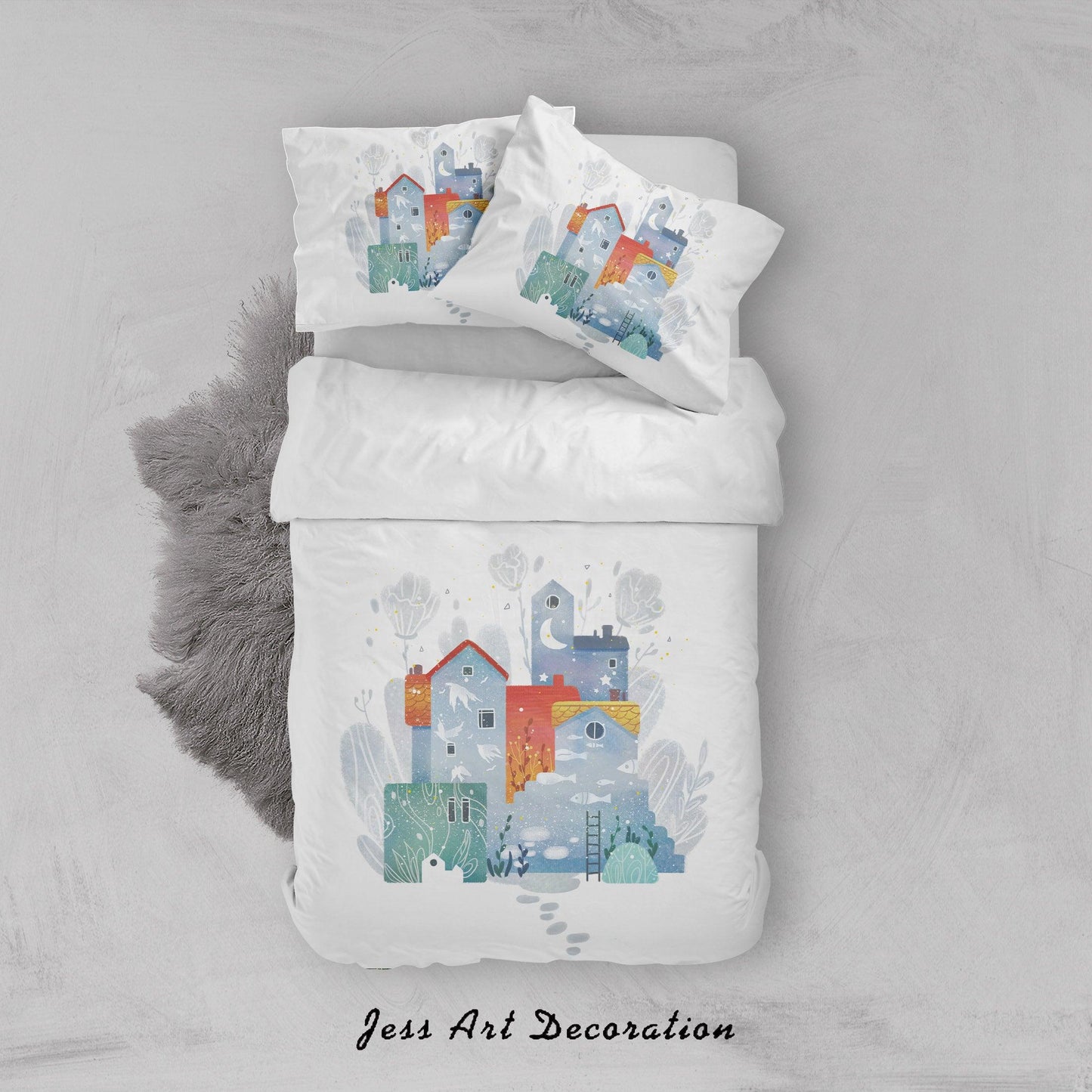 3D Blue House Painting Quilt Cover Set Bedding Set Duvet Cover Pillowcases A506 LQH