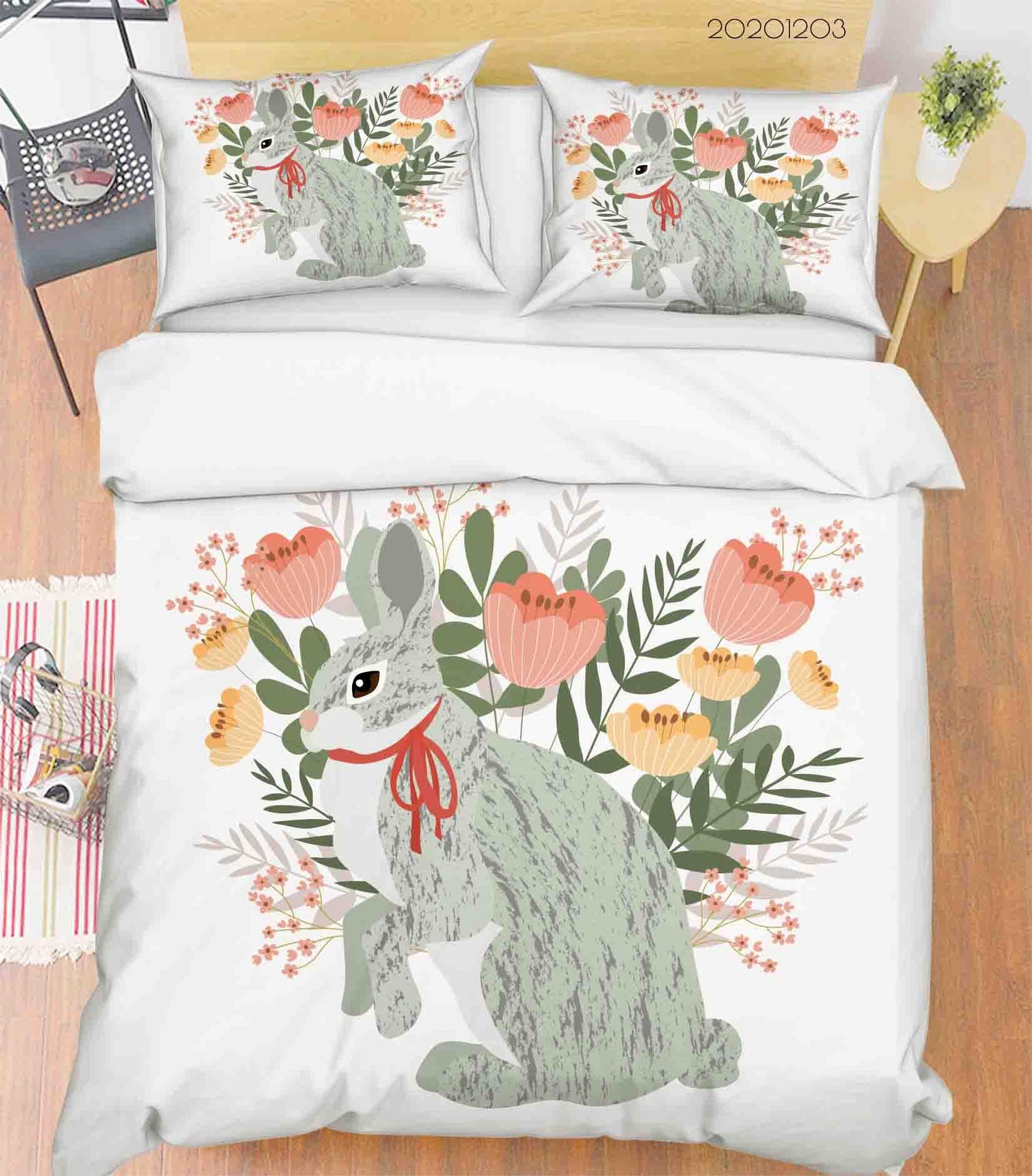 3D Cartoon Hand Drawn Colorful Floral Plant Illustration Bunny Animal Quilt Cover Set Bedding Set Duvet Cover Pillowcases LXL