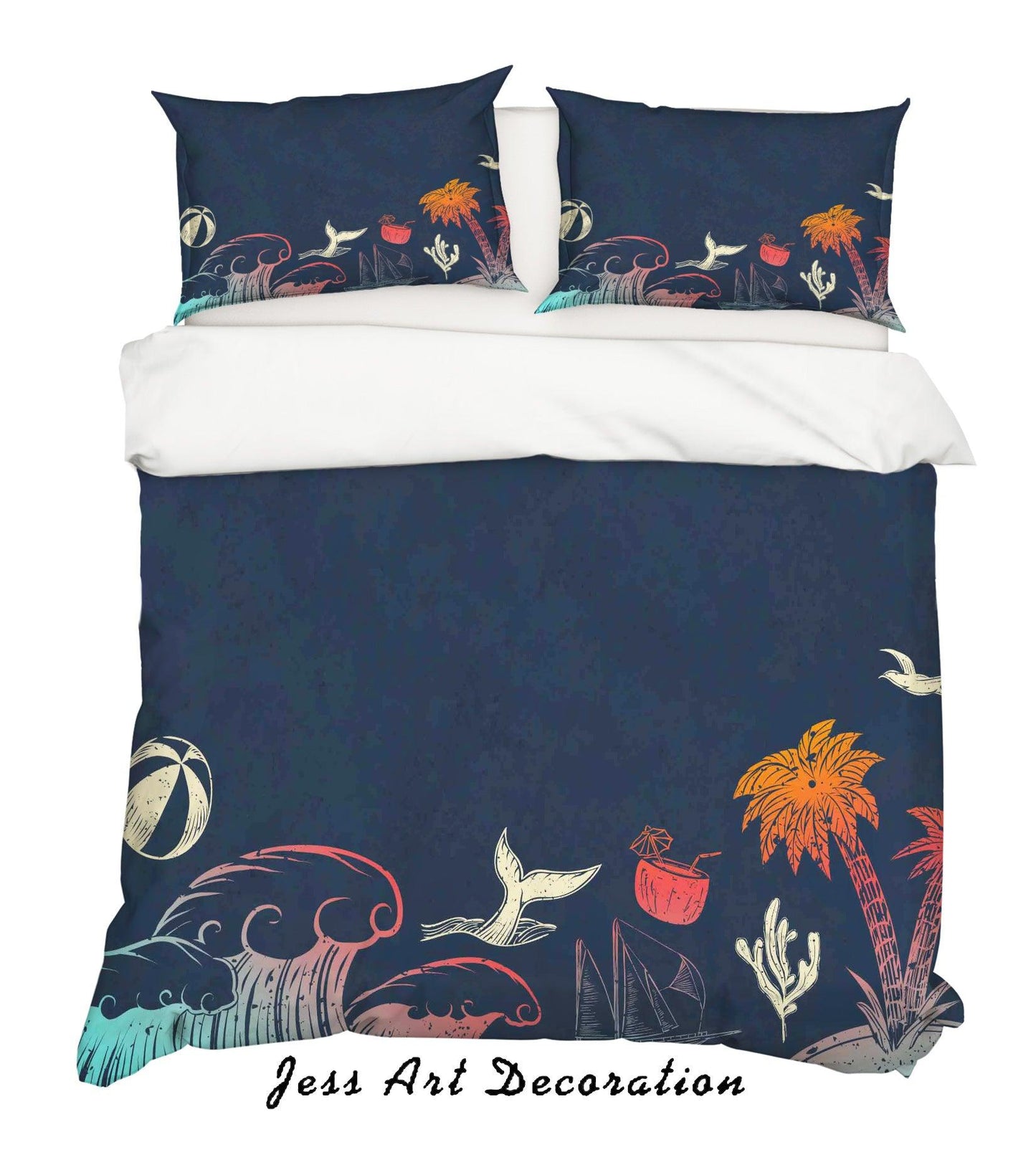 3D Blue Ball Whale Sailboat Coconut Palm Tree Seagull Wave Quilt Cover Set Bedding Set Duvet Cover Pillowcases SF97
