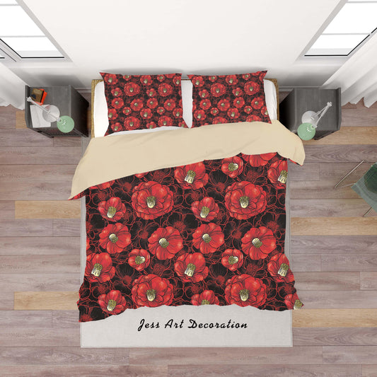 3D Black Red Floral Quilt Cover Set Bedding Set Duvet Cover Pillowcases SF116