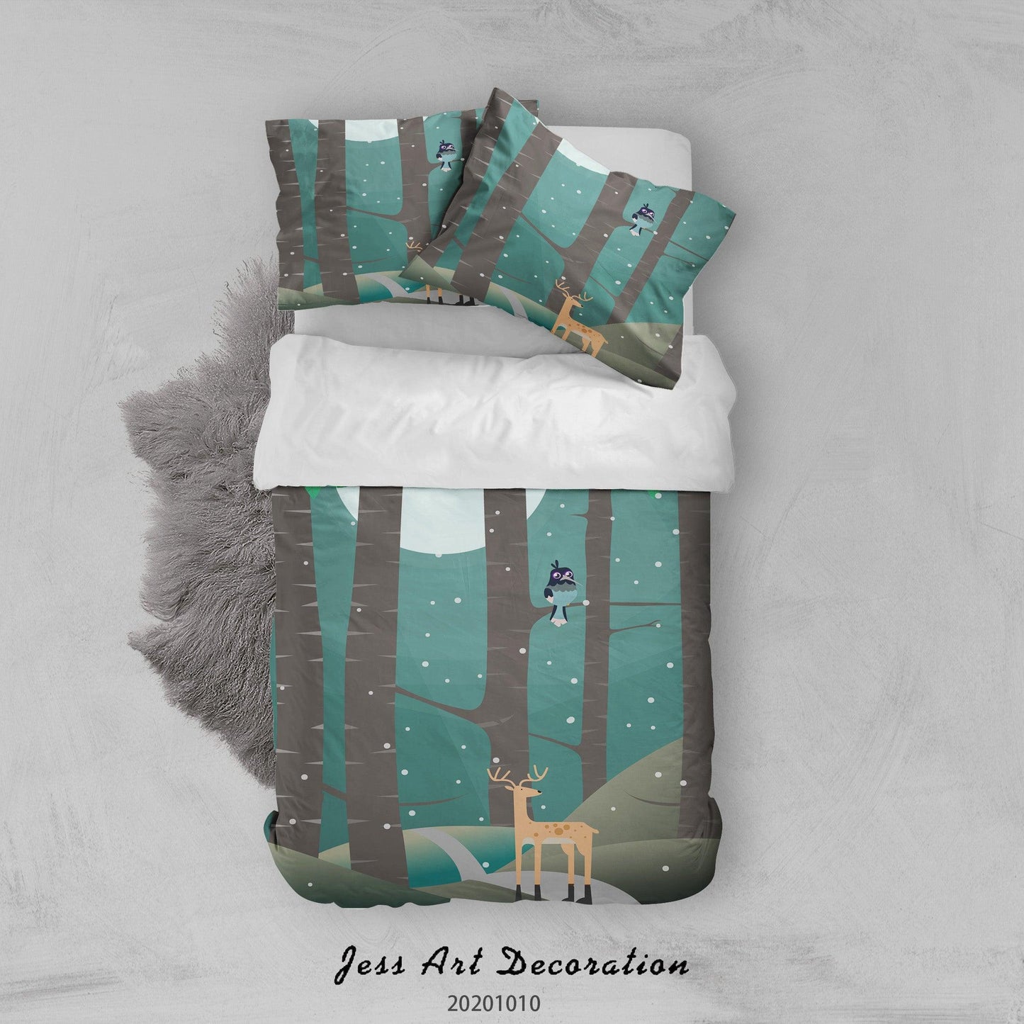 3D Cartoon Animal Forest Deer Bird Quilt Cover Set Bedding Set Duvet Cover Pillowcases WJ 9587