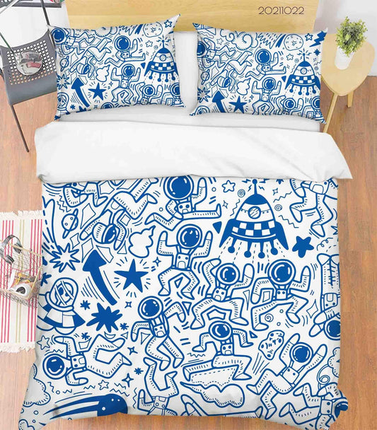 3D Blue Space Rocket Astronaut Graffiti Quilt Cover Set Bedding Set Duvet Cover Pillowcases 4