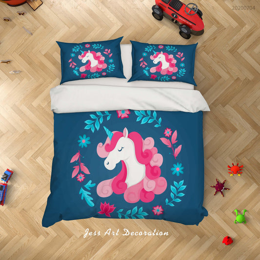 3D Blue Floral Unicorn Quilt Cover Set Bedding Set Duvet Cover Pillowcases SF233