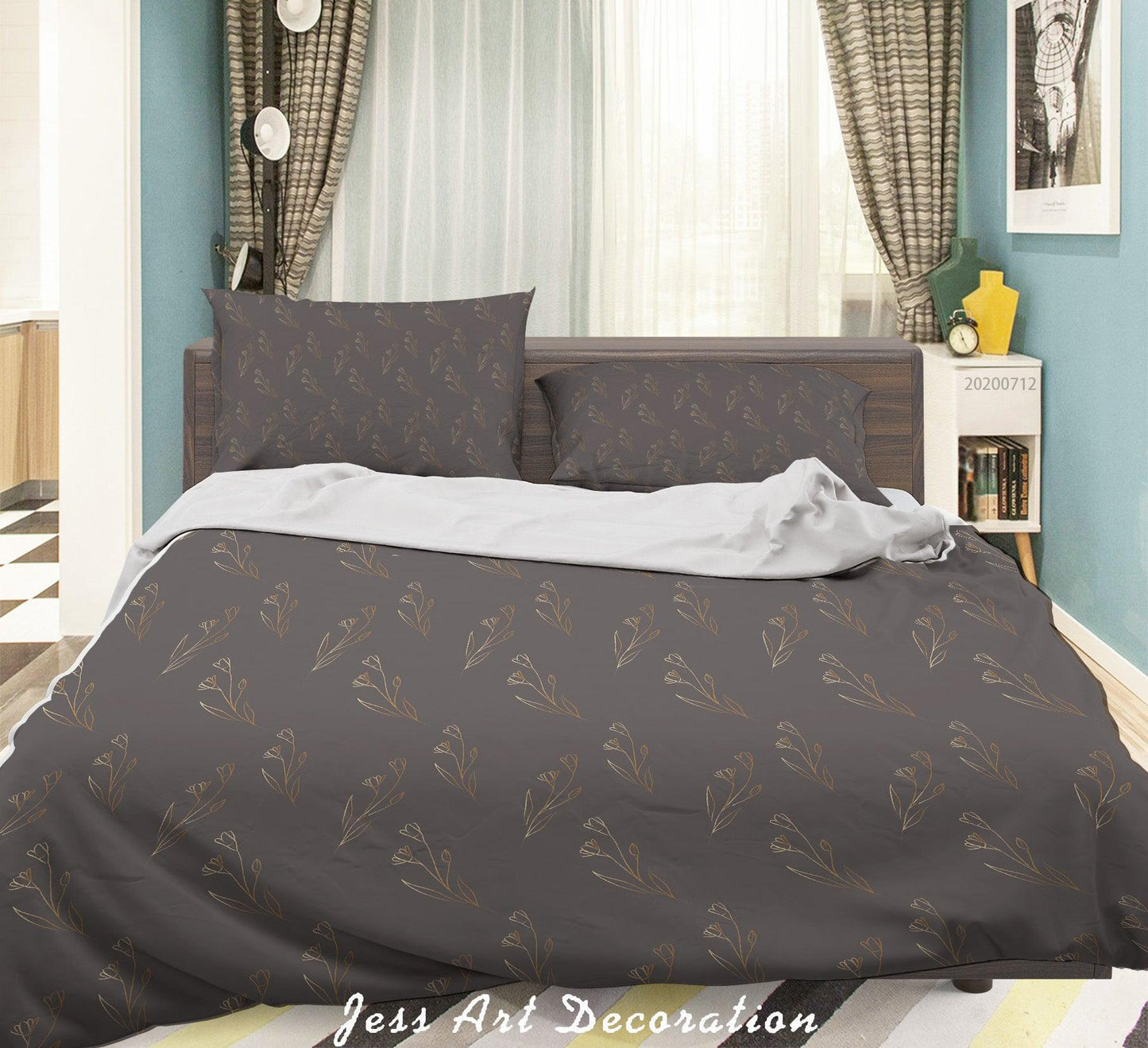3D Abstract Vintage Gray Line Leaves Floral Pattern Quilt Cover Set Bedding Set Duvet Cover Pillowcases WJ 4090