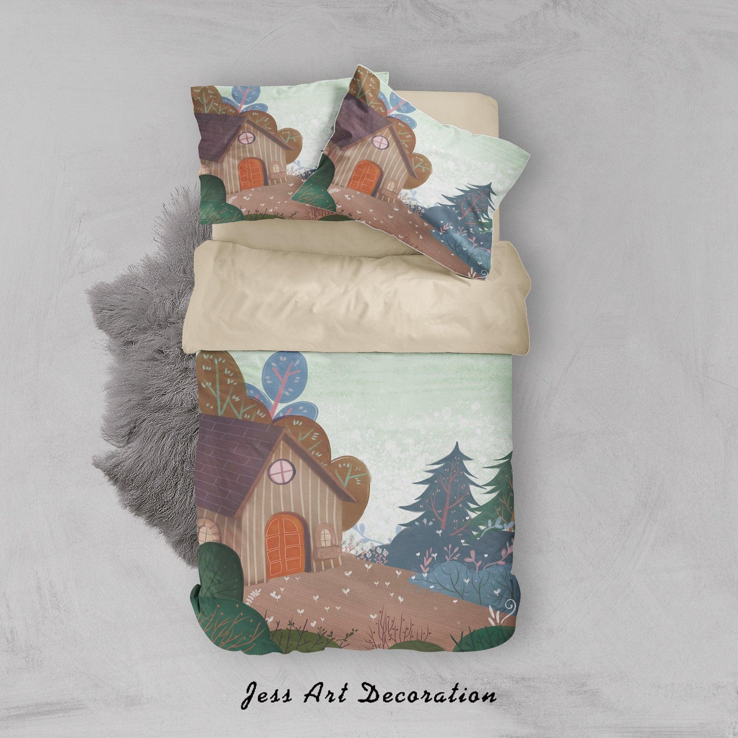 3D Brown House Tree Painting Quilt Cover Set Bedding Set Duvet Cover Pillowcases A461 LQH