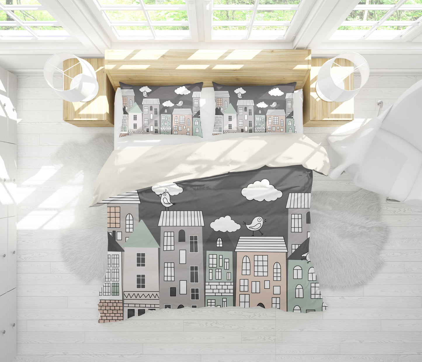 3D Black City Building Bird Clouds Quilt Cover Set Bedding Set Pillowcases 20