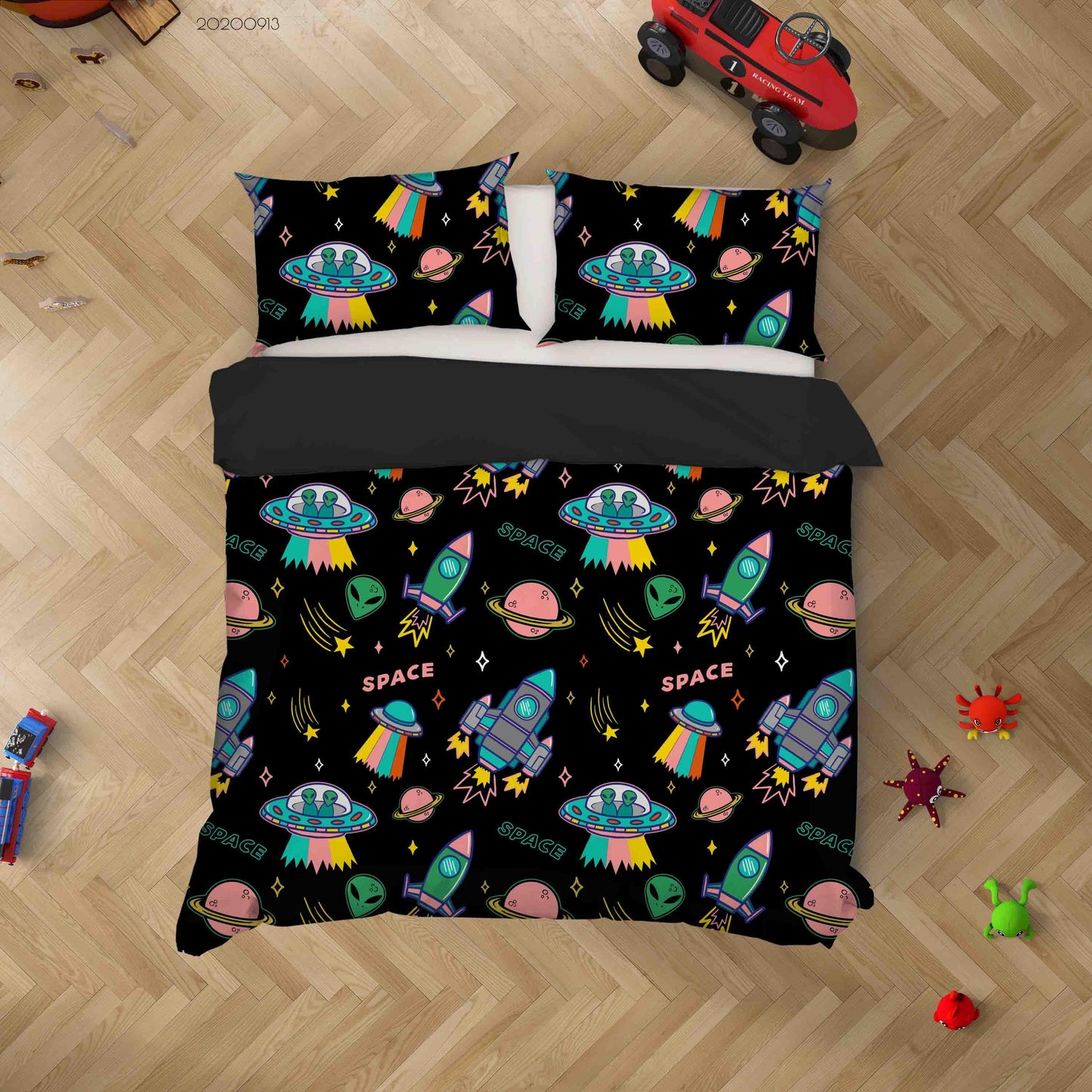 3D Cartoon Colorful UFO Aliens Spaceship Planet Stars Pattern Quilt Cover Set Bedding Set Duvet Cover Pillowcases WJ 1817