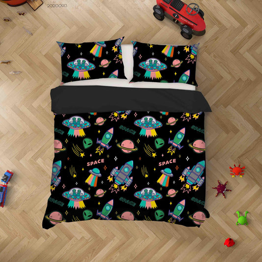 3D Cartoon Colorful UFO Aliens Spaceship Planet Stars Pattern Quilt Cover Set Bedding Set Duvet Cover Pillowcases WJ 1817