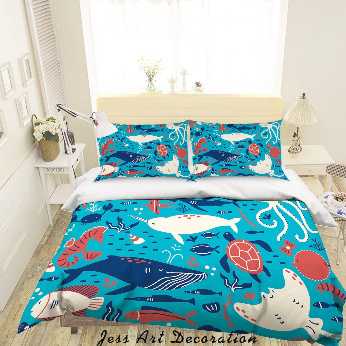 3D Cartoon Hand Drawn Ocean Colorful Octopus Sea Turtle Whale Fish Quilt Cover Set Bedding Set Duvet Cover Pillowcases LXL